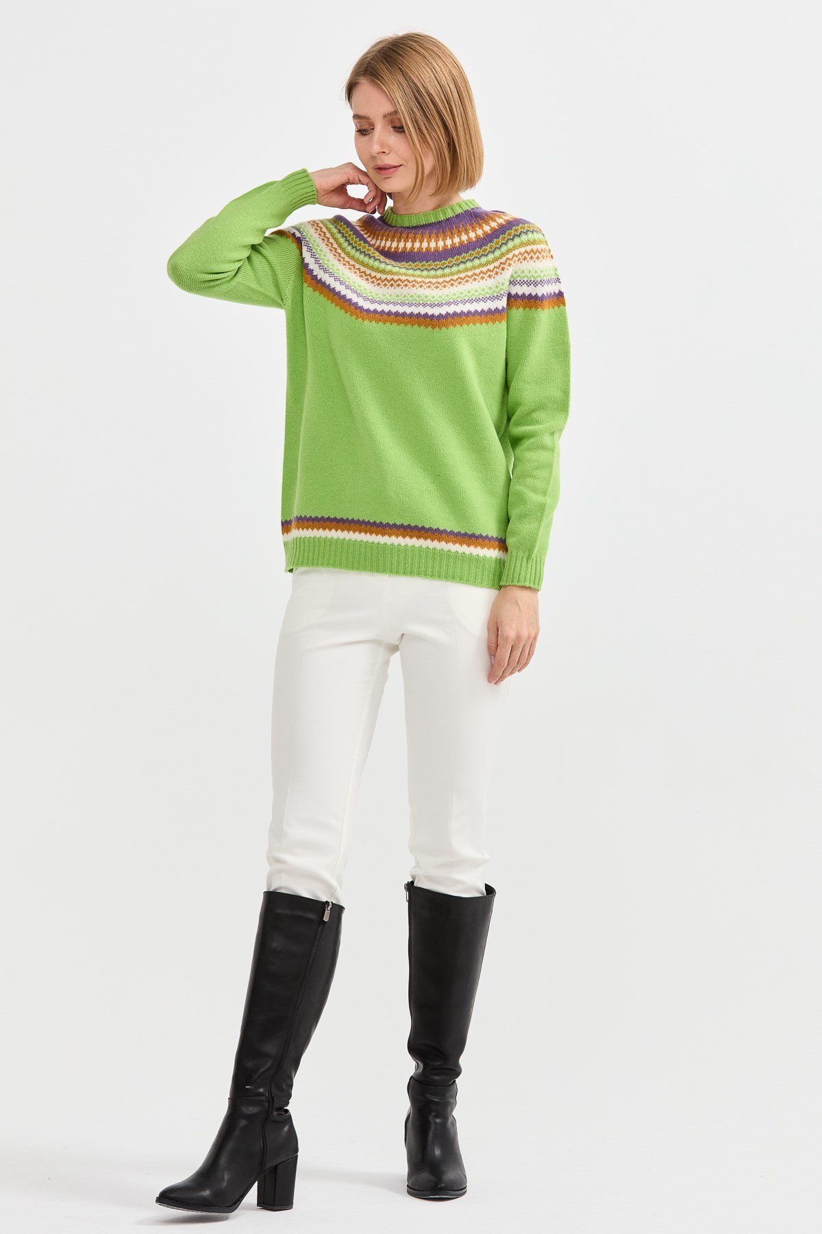 22086Kadın Sıfır Yaka Jakarlı Yün Kazak A.E.Yeşili