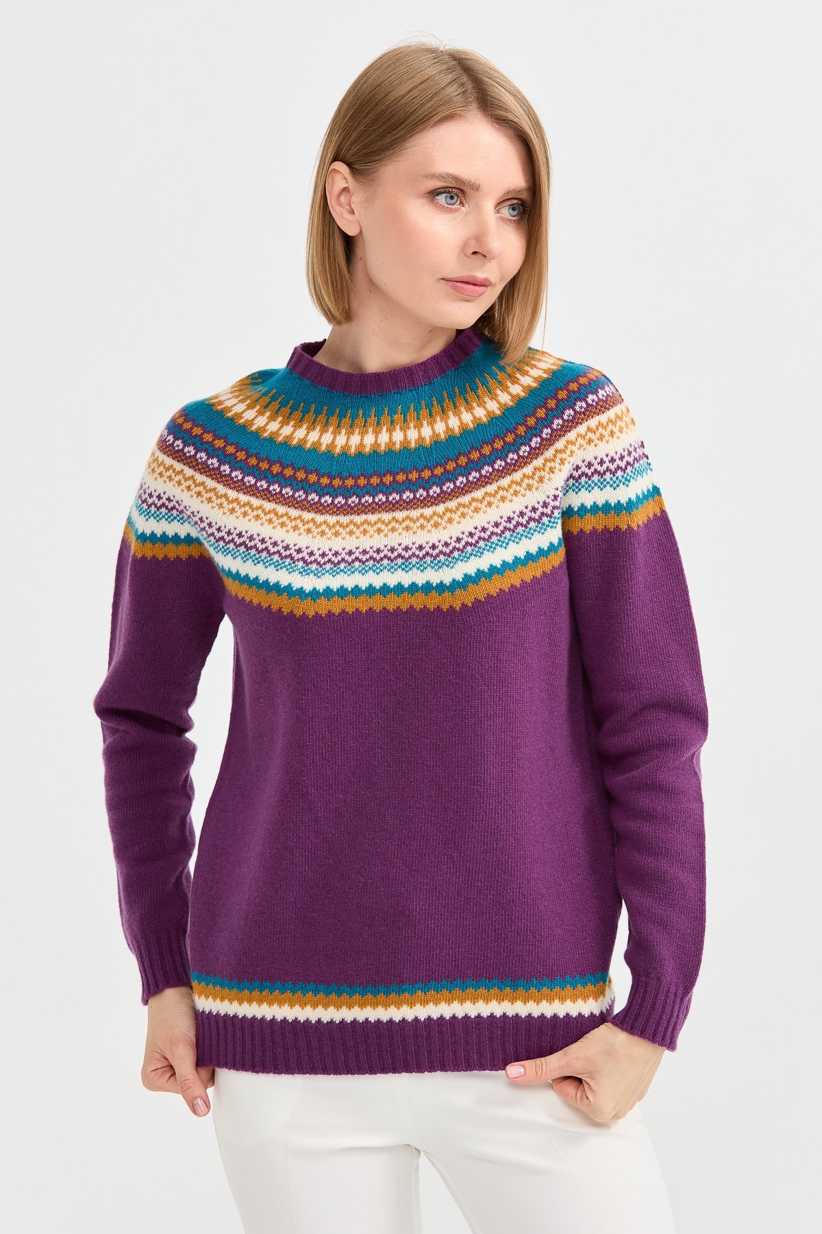 22086Kadın Sıfır Yaka Jakarlı Yün Kazak A.Mor