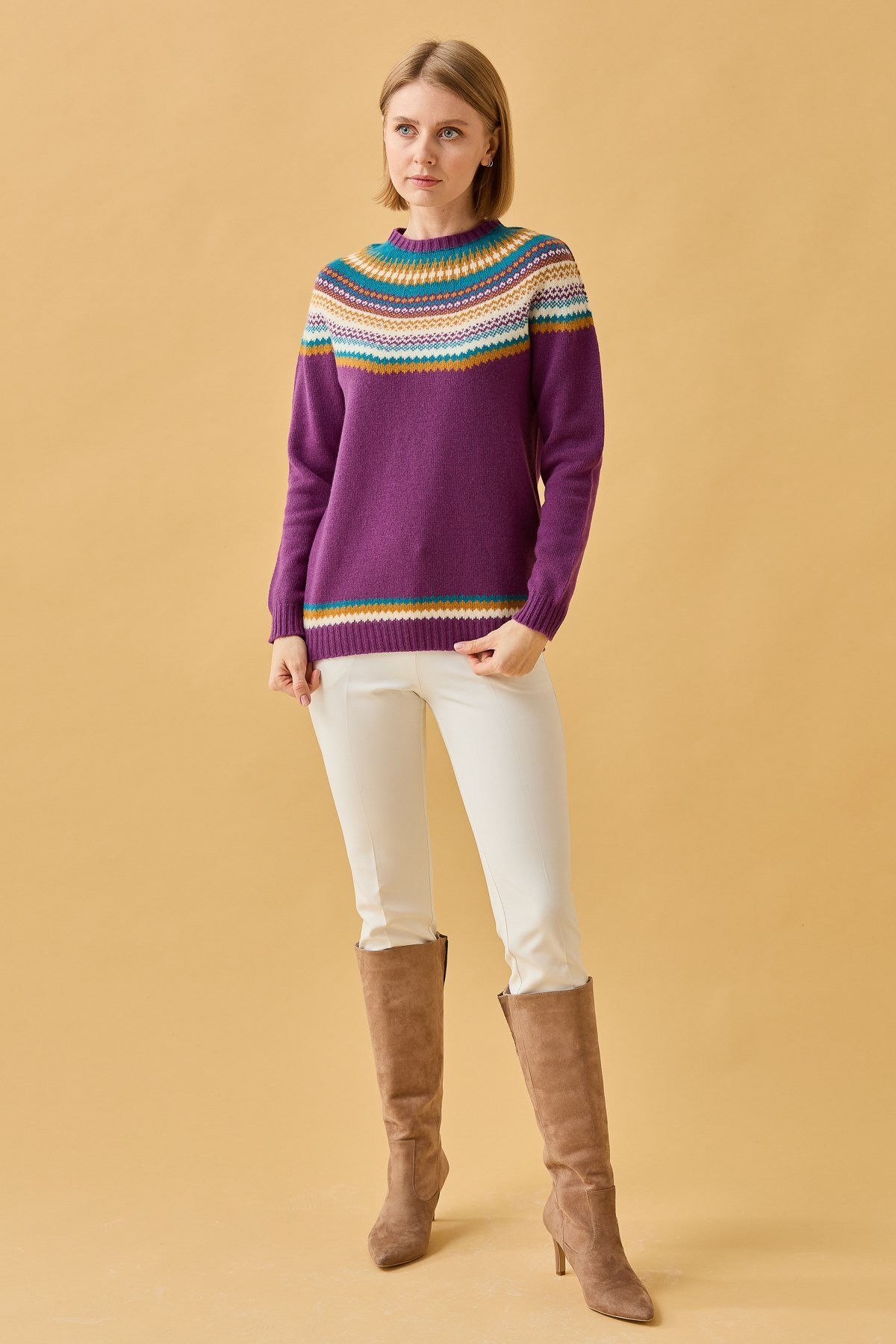 22086Kadın Sıfır Yaka Jakarlı Yün Kazak A.Mor