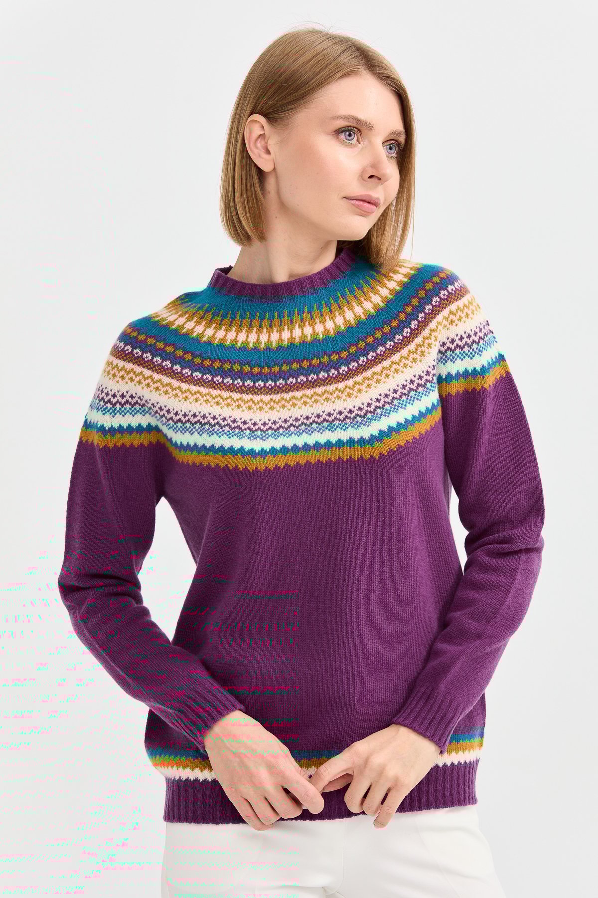 22086Kadın Sıfır Yaka Jakarlı Yün Kazak A.Mor