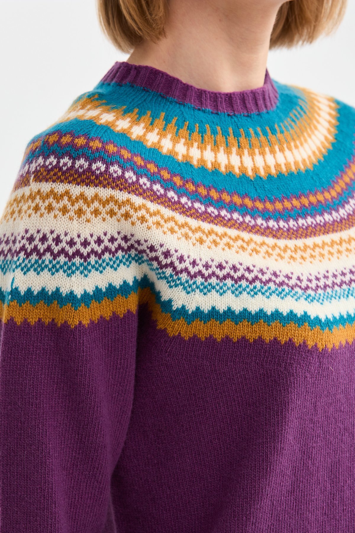 22086Kadın Sıfır Yaka Jakarlı Yün Kazak A.Mor