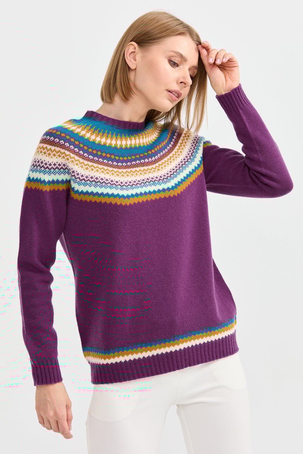 22086Kadın Sıfır Yaka Jakarlı Yün Kazak A.Mor