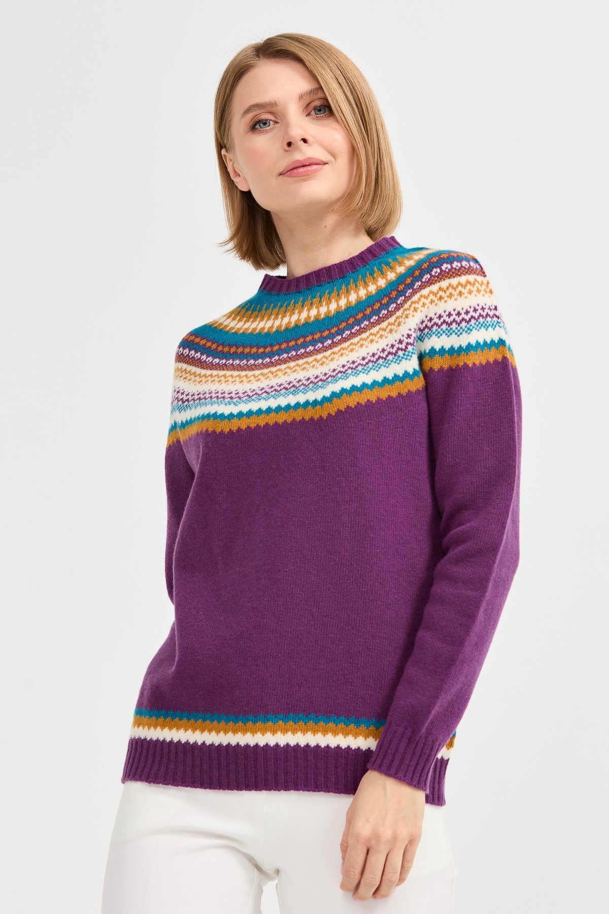 22086Kadın Sıfır Yaka Jakarlı Yün Kazak A.Mor