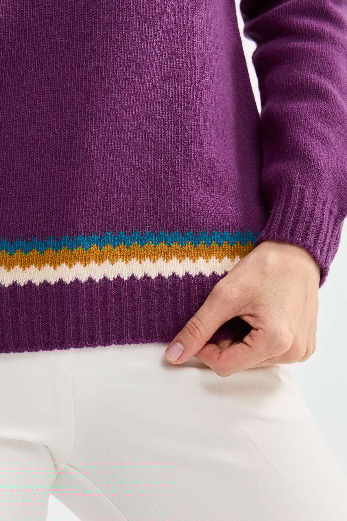 22086Kadın Sıfır Yaka Jakarlı Yün Kazak A.Mor