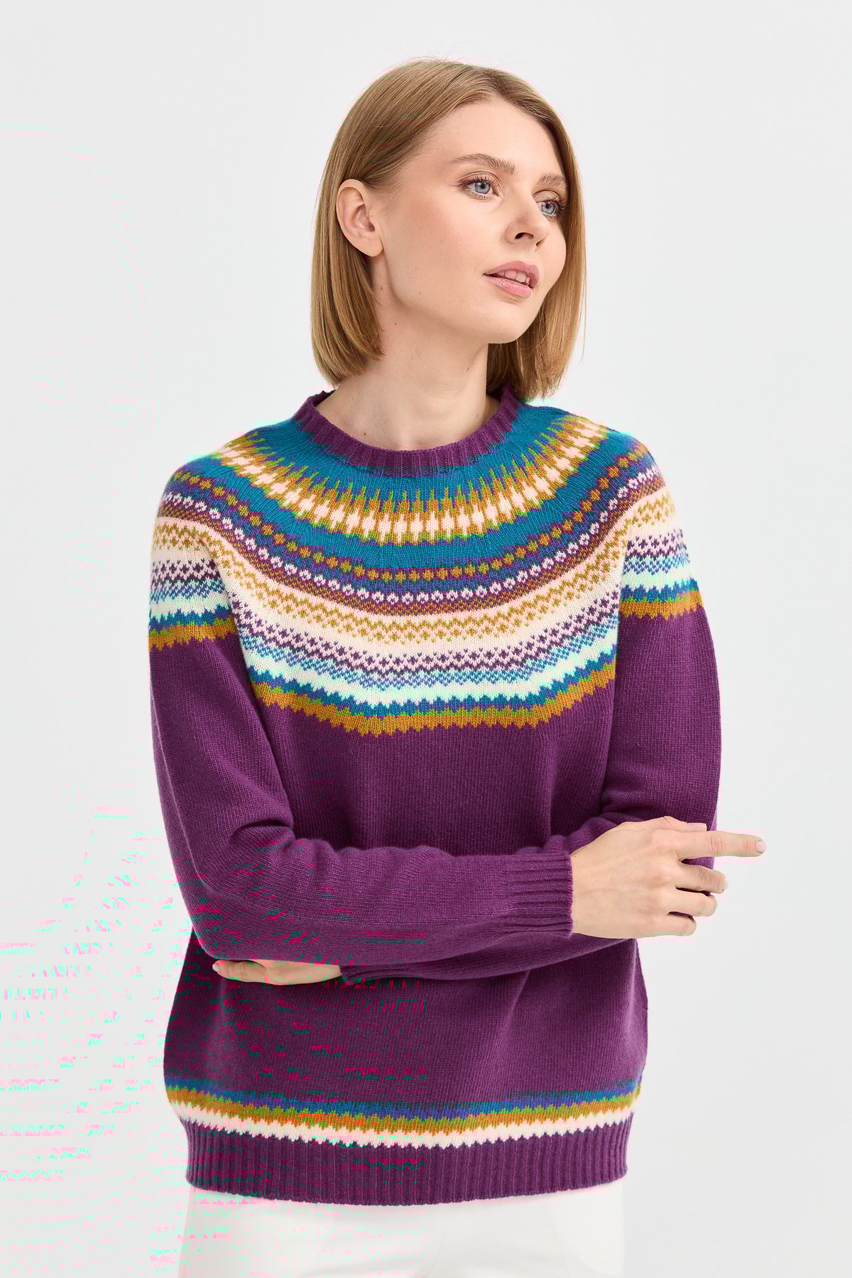 22086Kadın Sıfır Yaka Jakarlı Yün Kazak A.Mor