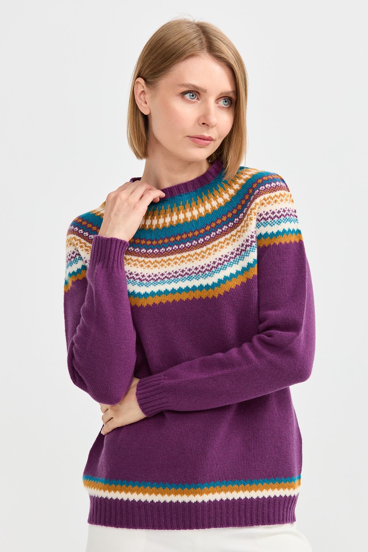 22086Kadın Sıfır Yaka Jakarlı Yün Kazak A.Mor