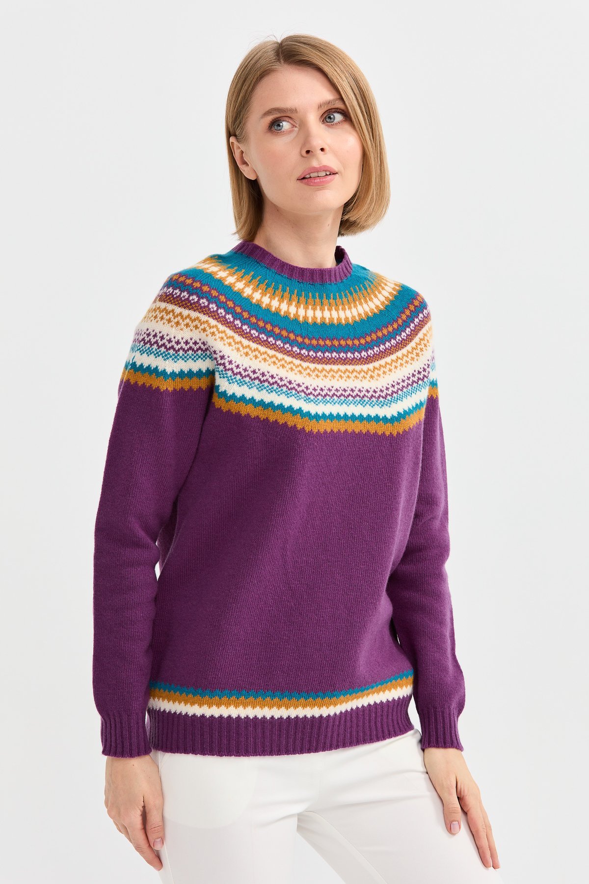 22086Kadın Sıfır Yaka Jakarlı Yün Kazak A.Mor