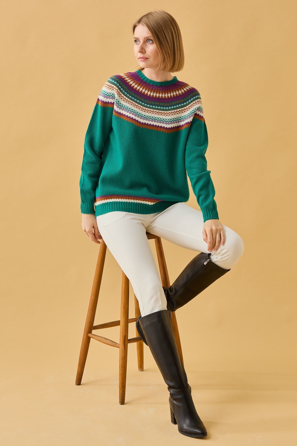 22086Kadın Sıfır Yaka Jakarlı Yün Kazak A.Ö.Başı