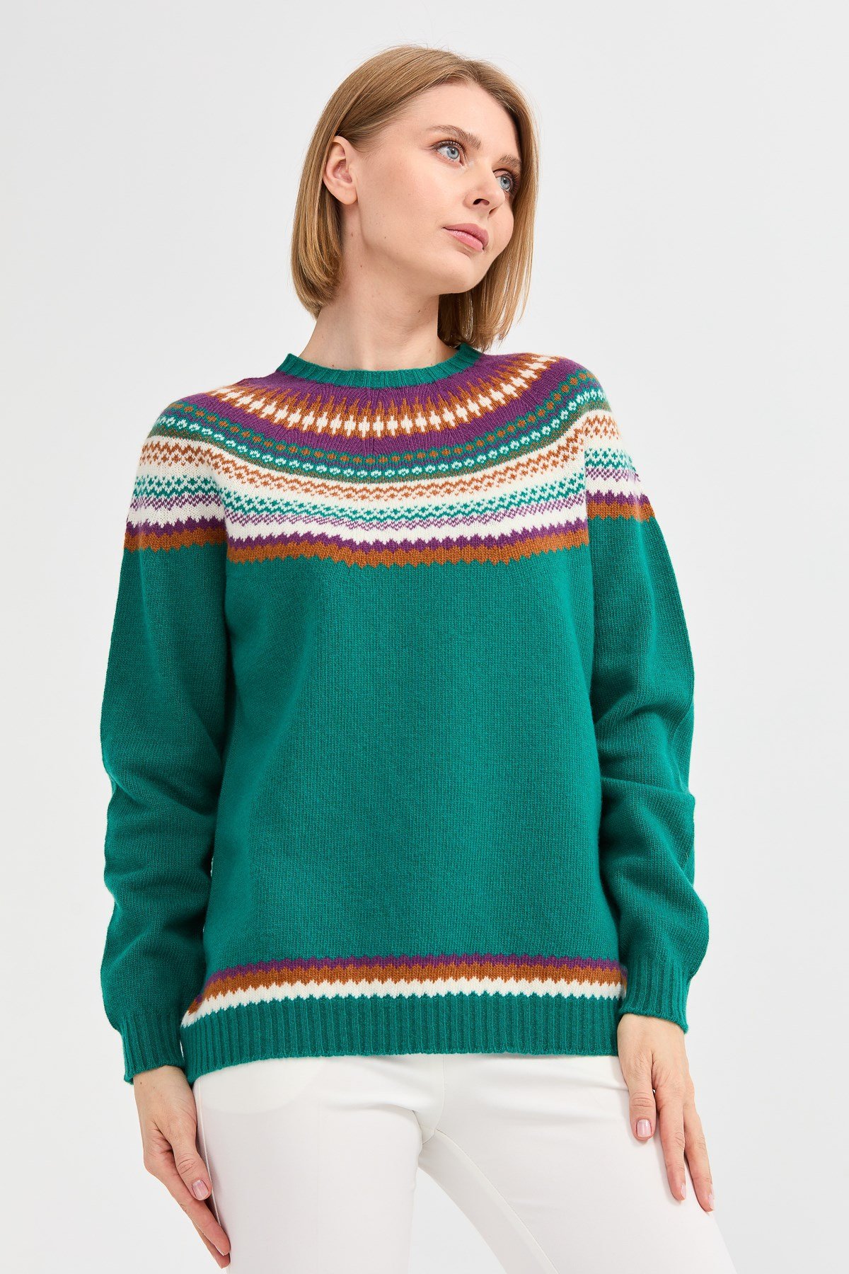 22086Kadın Sıfır Yaka Jakarlı Yün Kazak A.Ö.Başı