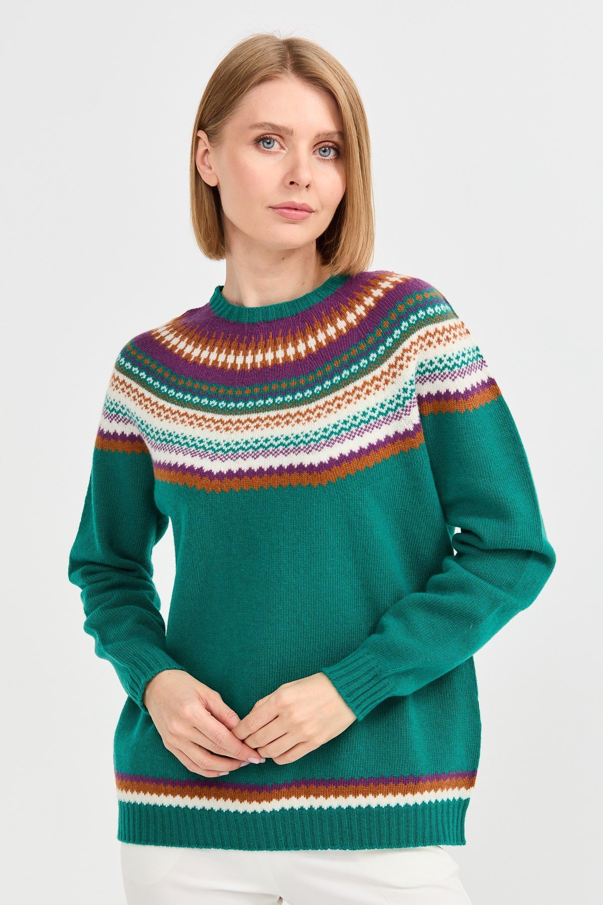 22086Kadın Sıfır Yaka Jakarlı Yün Kazak A.Ö.Başı