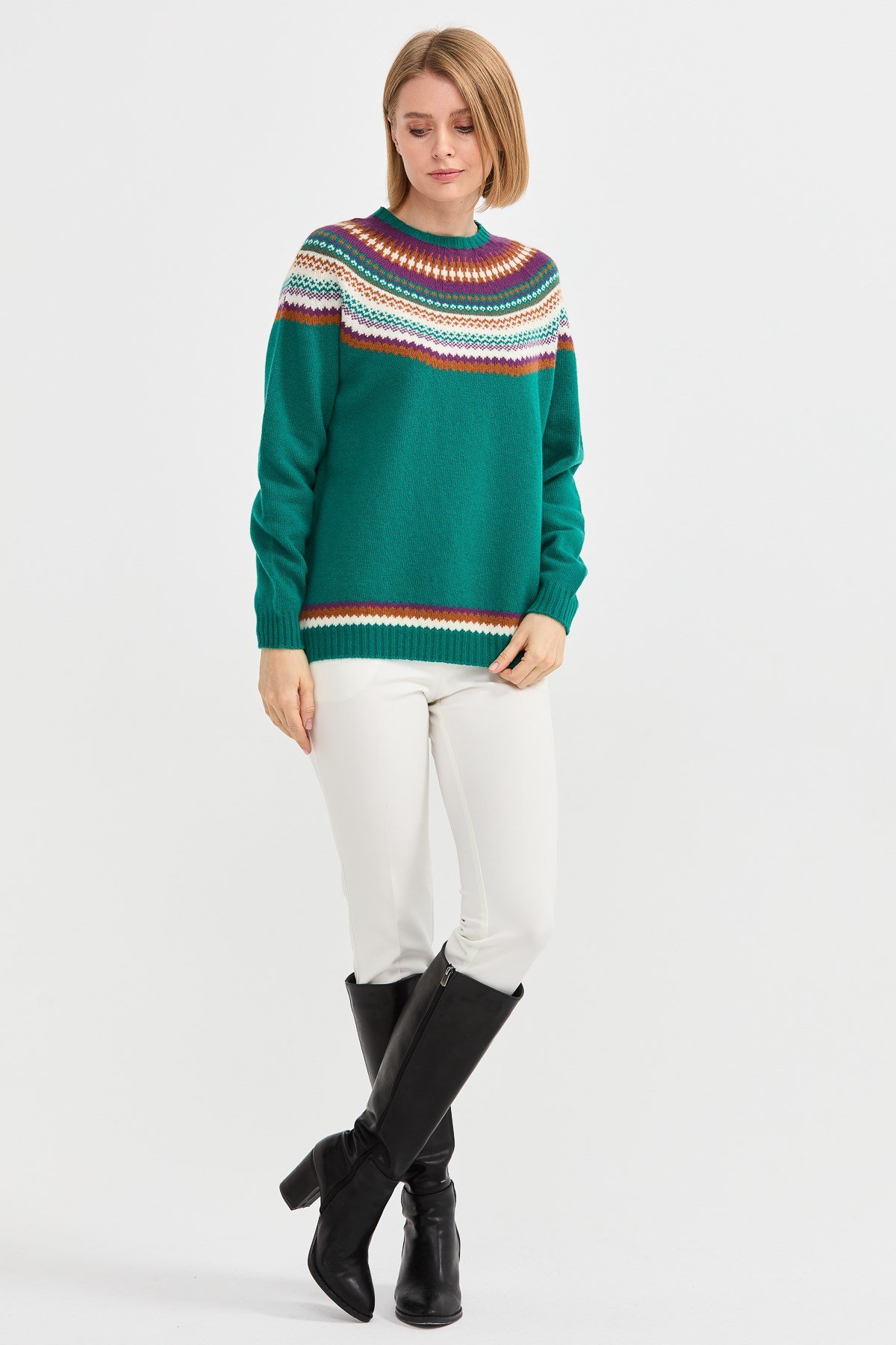 22086Kadın Sıfır Yaka Jakarlı Yün Kazak A.Ö.Başı