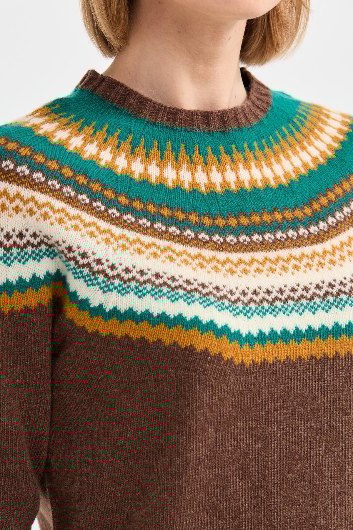 22086Kadın Sıfır Yaka Jakarlı Yün Kazak D.Kahve