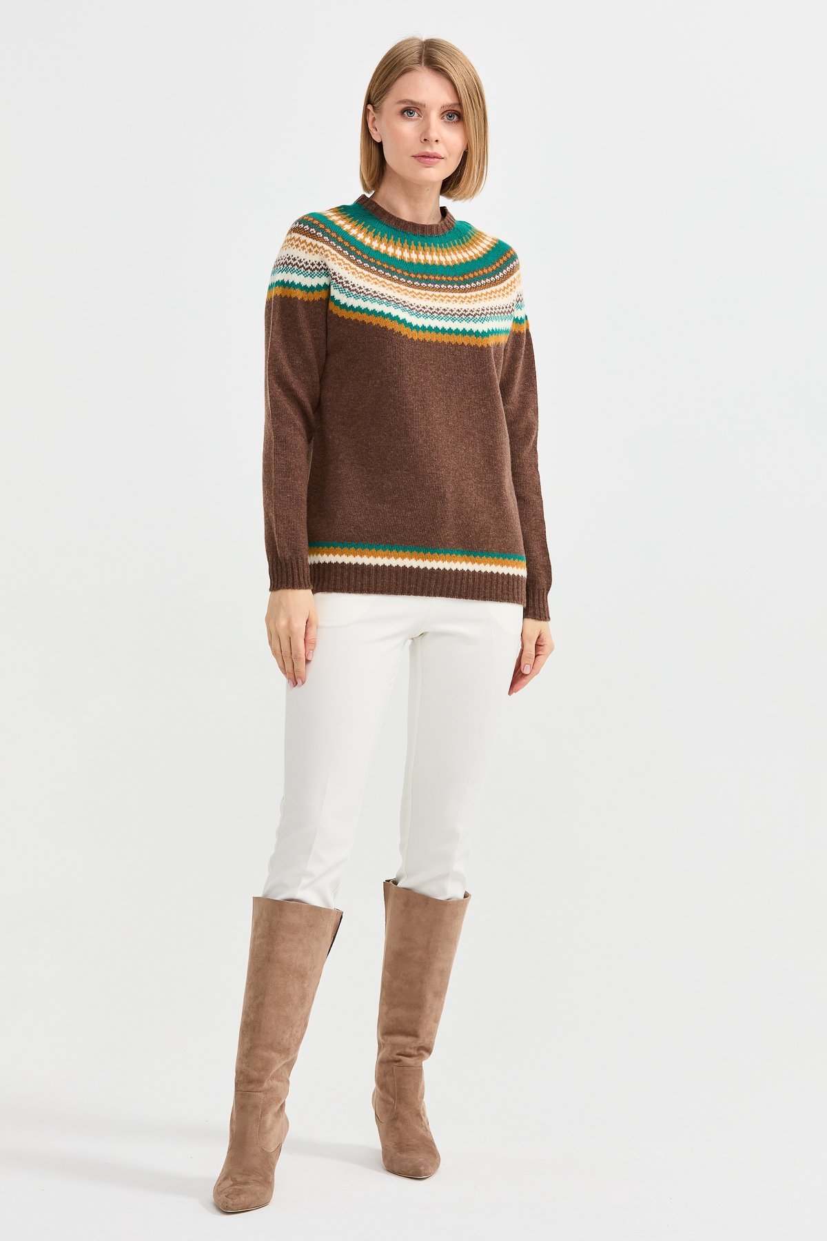 22086Kadın Sıfır Yaka Jakarlı Yün Kazak D.Kahve