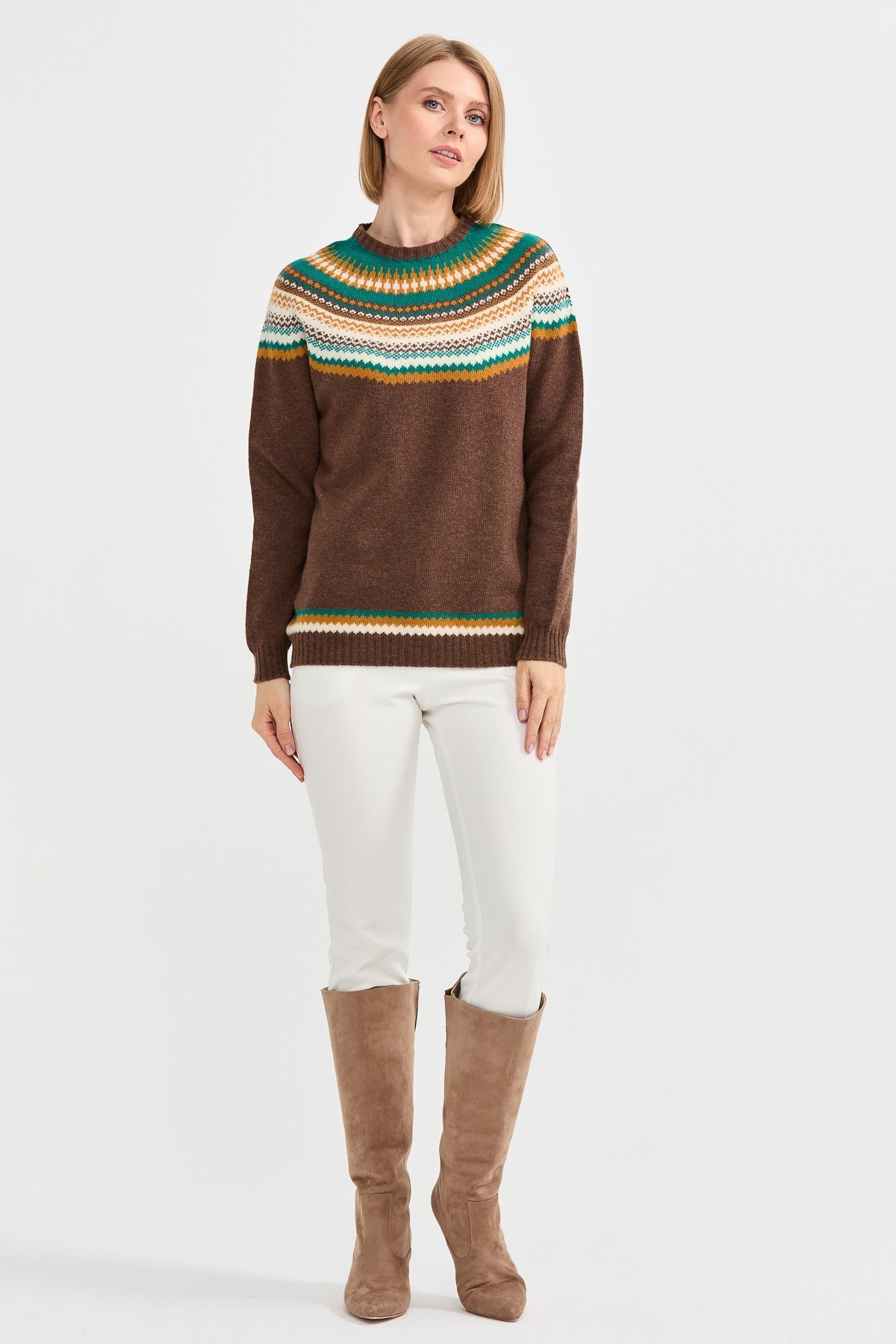 22086Kadın Sıfır Yaka Jakarlı Yün Kazak D.Kahve