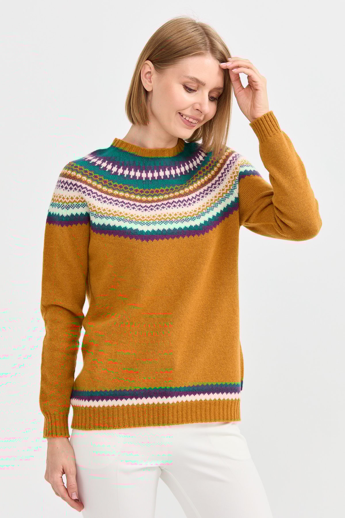 22086Kadın Sıfır Yaka Jakarlı Yün Kazak Hardal