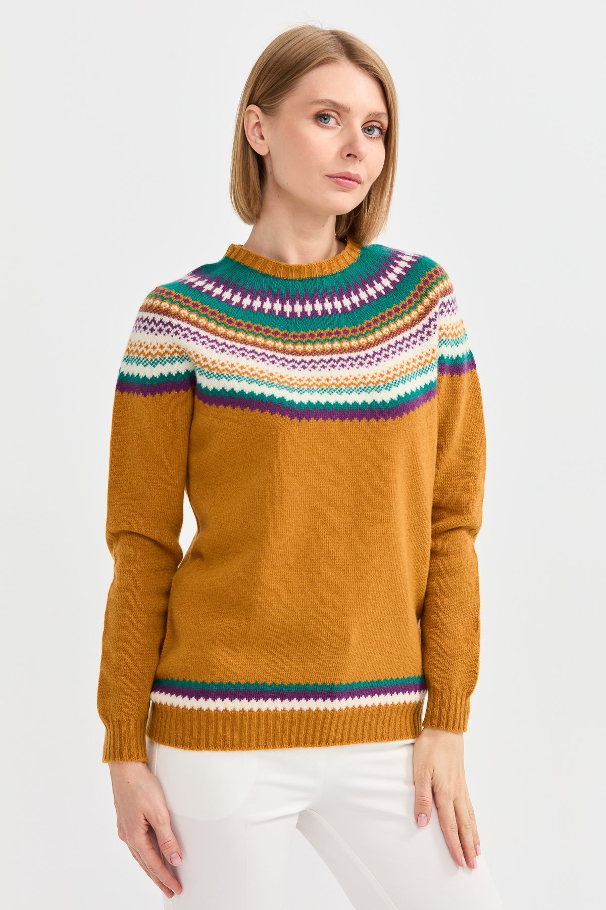 22086Kadın Sıfır Yaka Jakarlı Yün Kazak Hardal