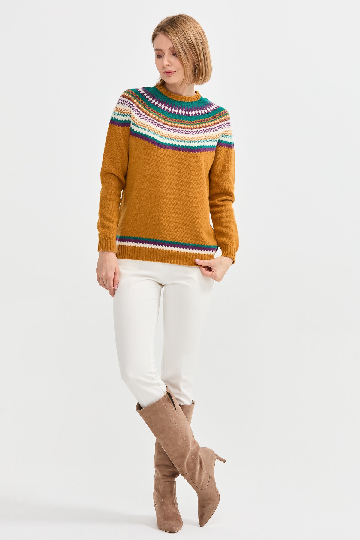 22086Kadın Sıfır Yaka Jakarlı Yün Kazak Hardal