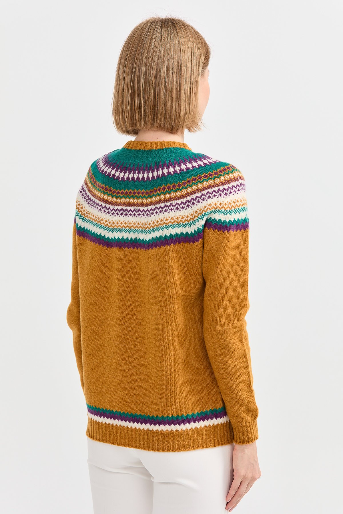 22086Kadın Sıfır Yaka Jakarlı Yün Kazak Hardal