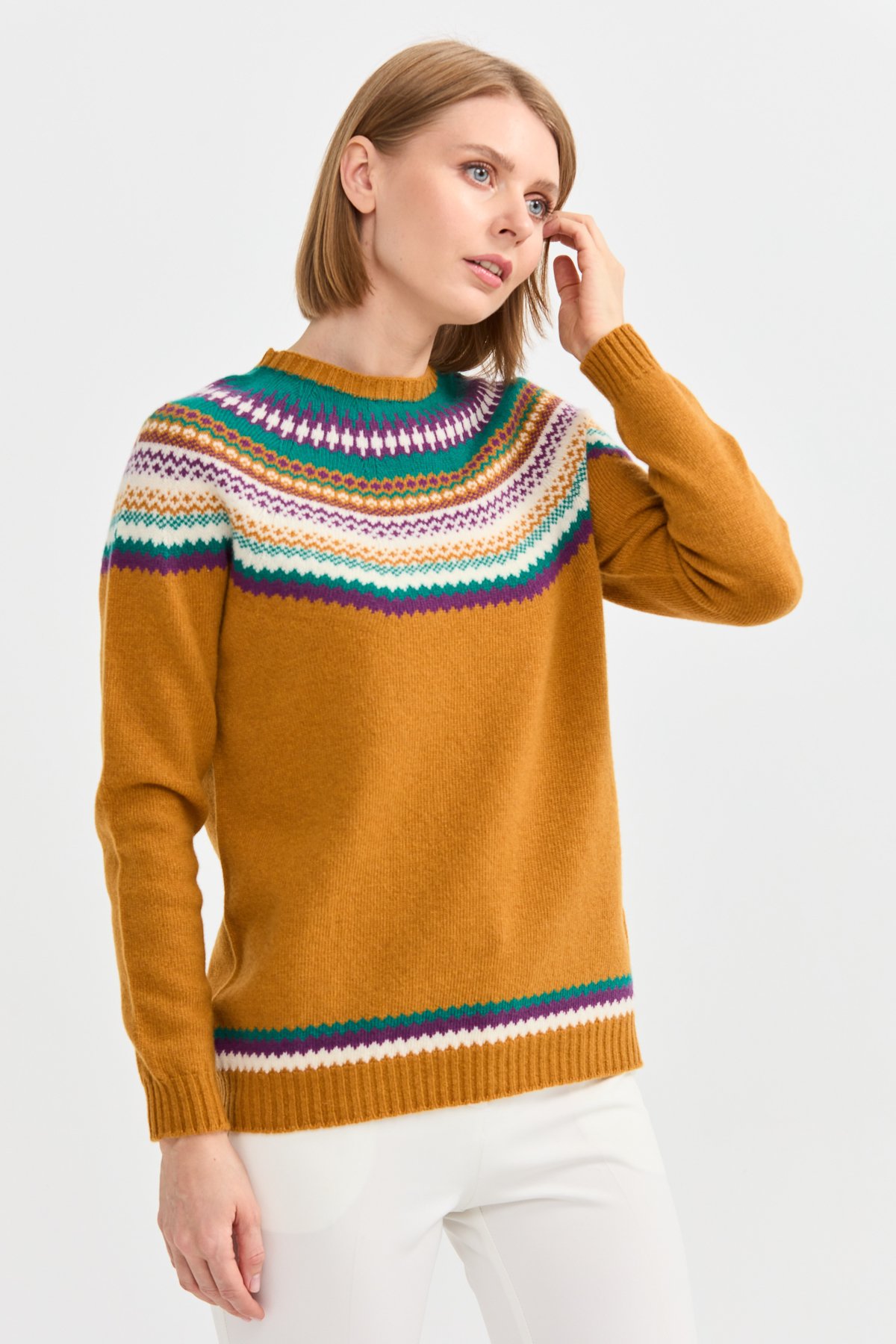 22086Kadın Sıfır Yaka Jakarlı Yün Kazak Hardal