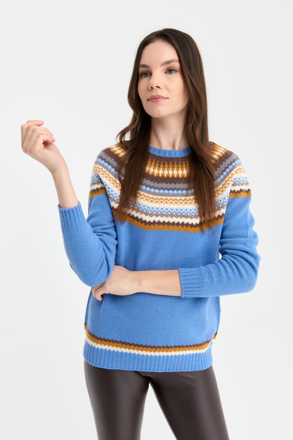 22086Kadın Sıfır Yaka Jakarlı Yün Kazak O.Mavi