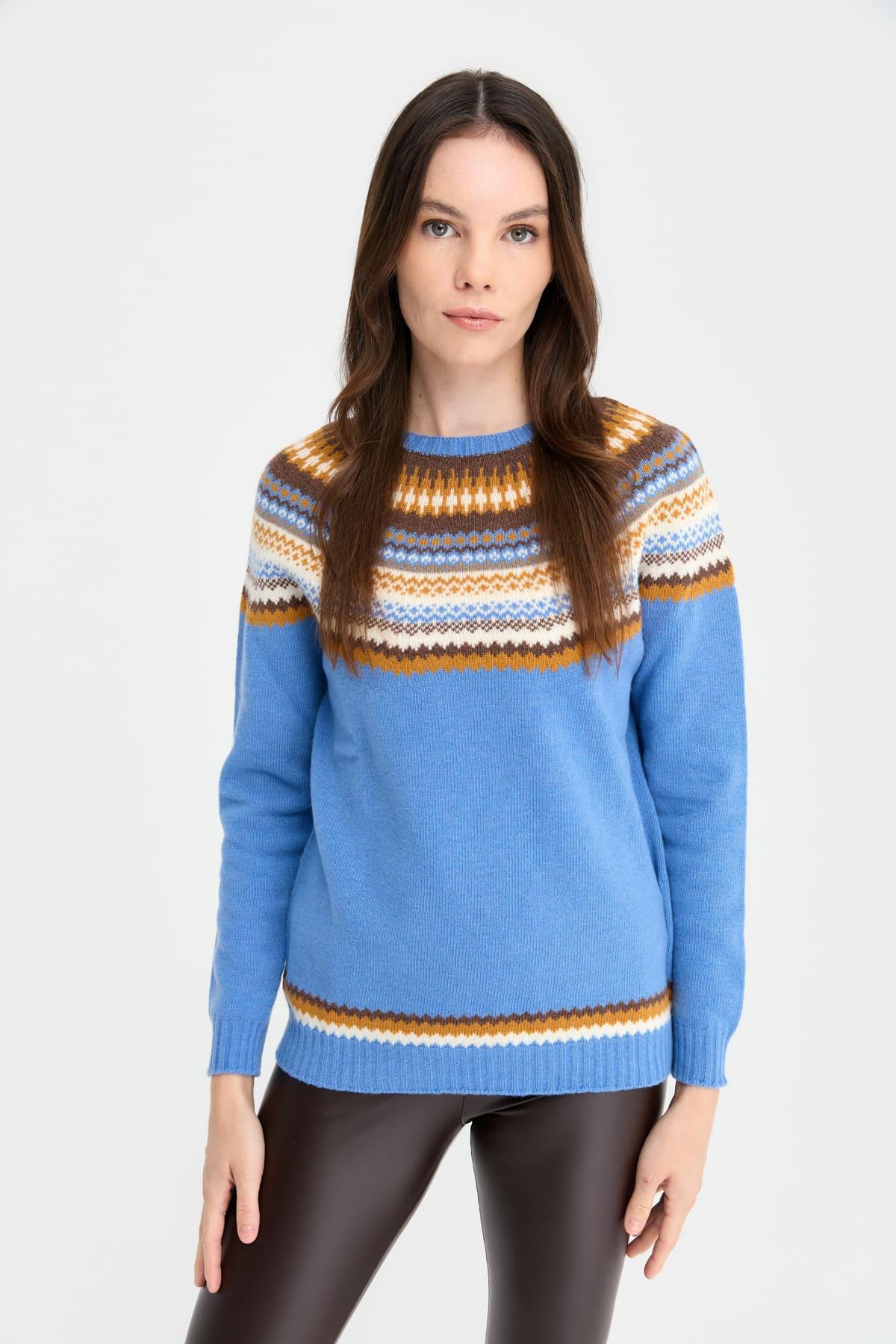 22086Kadın Sıfır Yaka Jakarlı Yün Kazak O.Mavi