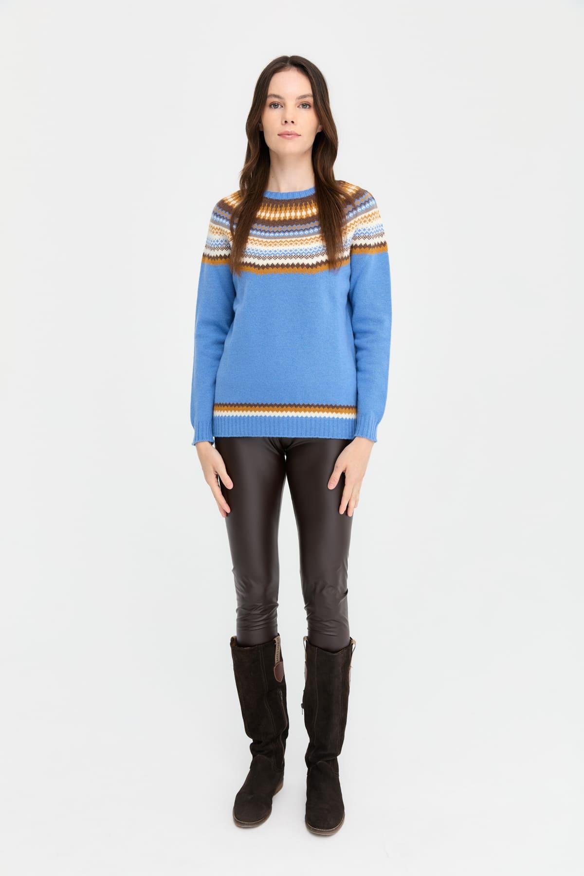 22086Kadın Sıfır Yaka Jakarlı Yün Kazak O.Mavi