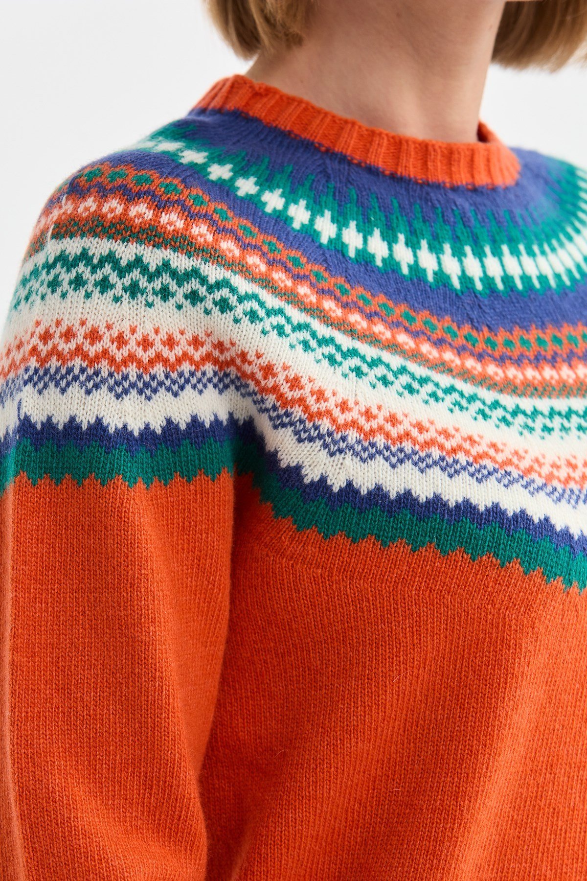 22086Kadın Sıfır Yaka Jakarlı Yün Kazak Portakal