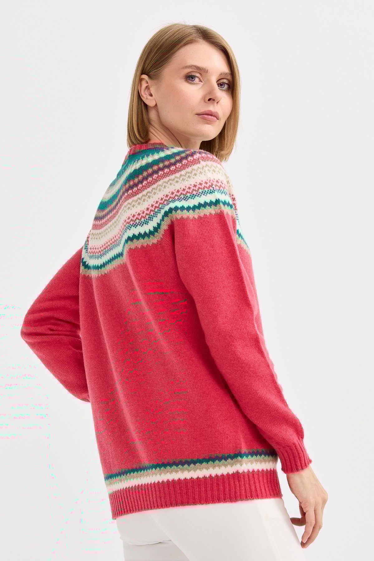 22086Kadın Sıfır Yaka Jakarlı Yün Kazak Y.Ş.Pembe