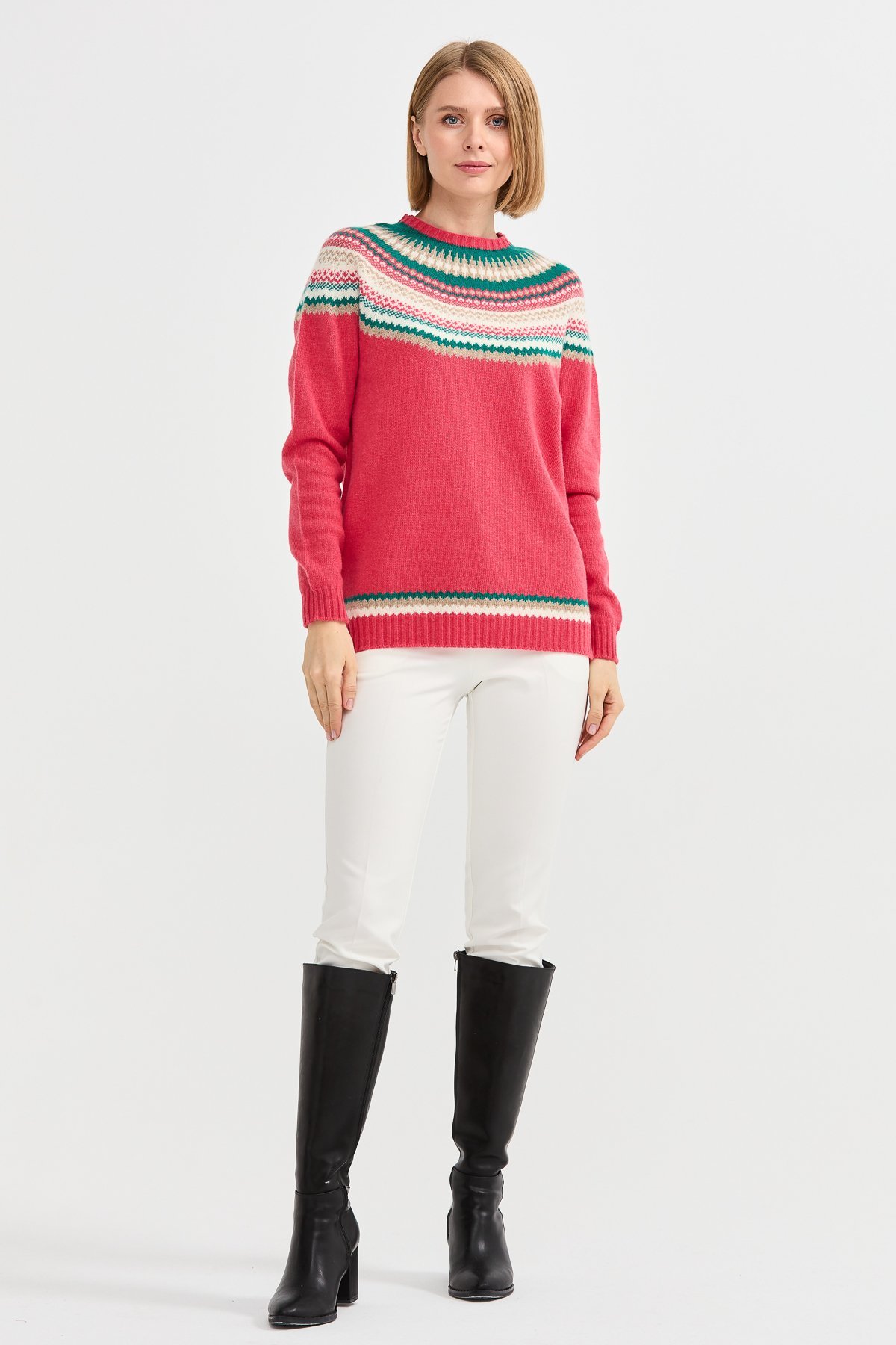 22086Kadın Sıfır Yaka Jakarlı Yün Kazak Y.Ş.Pembe