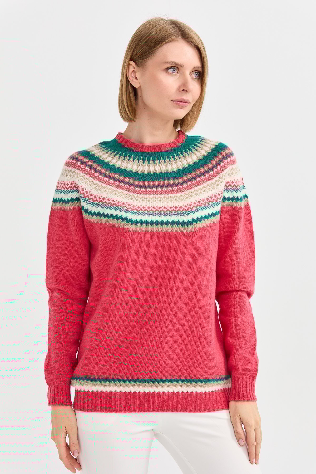 22086Kadın Sıfır Yaka Jakarlı Yün Kazak Y.Ş.Pembe