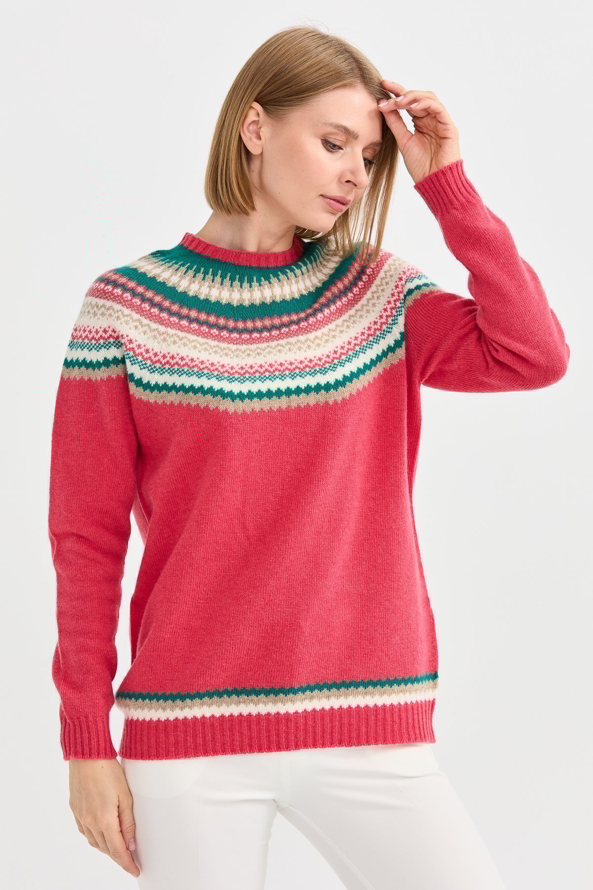 22086Kadın Sıfır Yaka Jakarlı Yün Kazak Y.Ş.Pembe