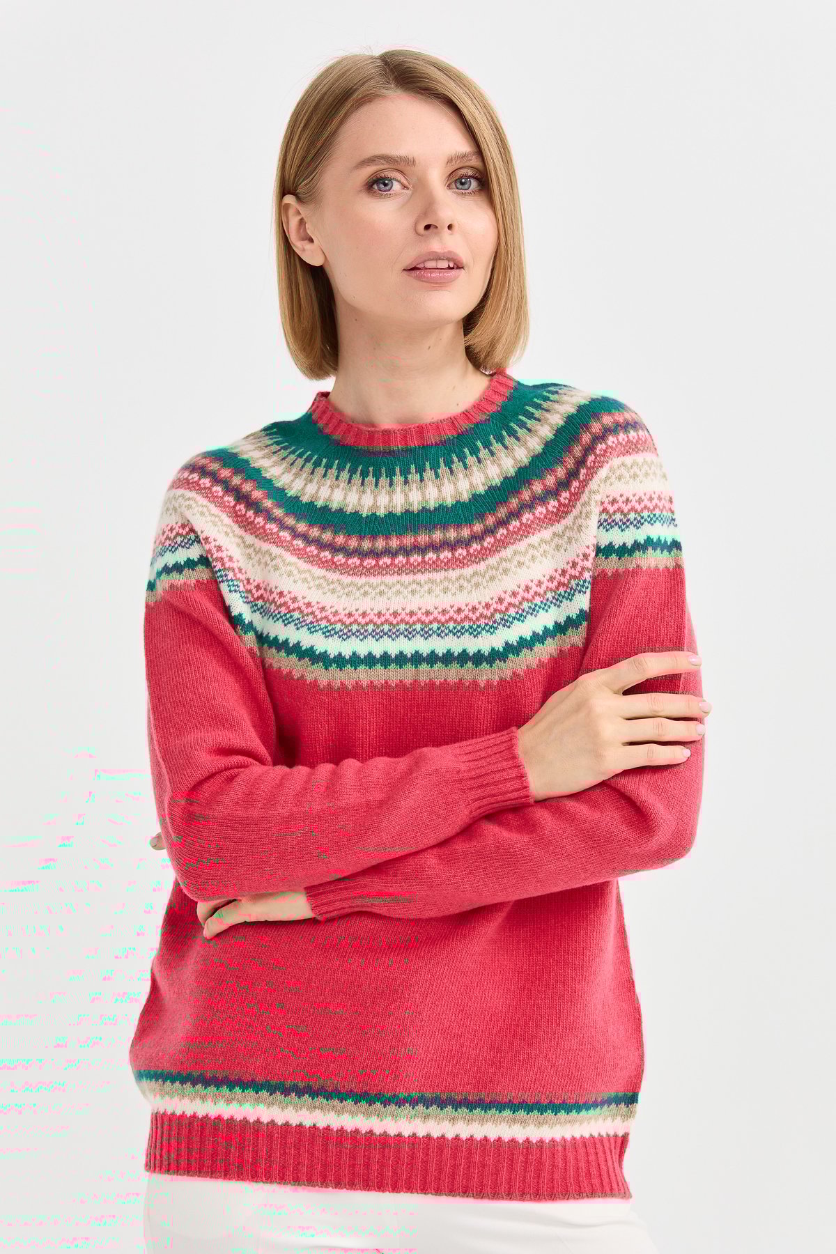 22086Kadın Sıfır Yaka Jakarlı Yün Kazak Y.Ş.Pembe