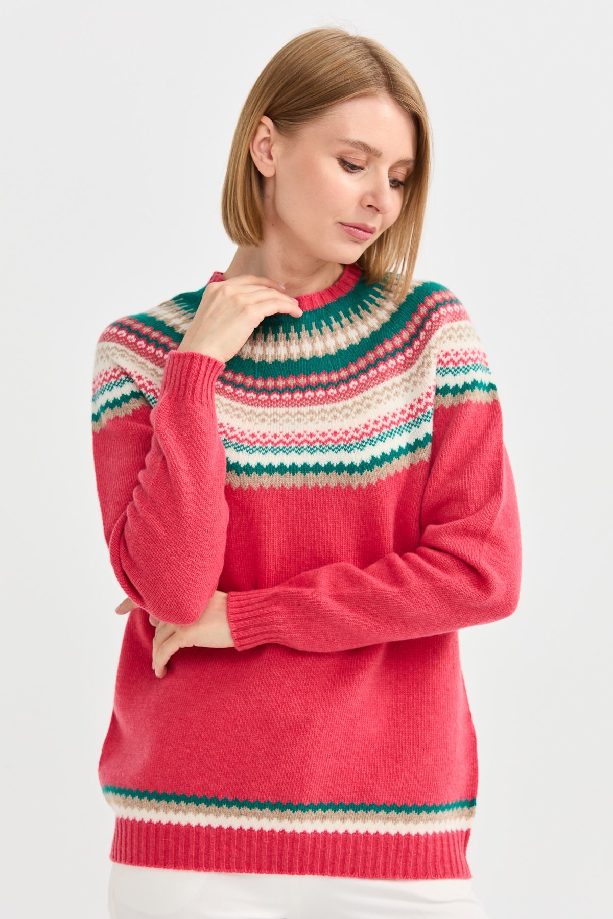 22086Kadın Sıfır Yaka Jakarlı Yün Kazak Y.Ş.Pembe