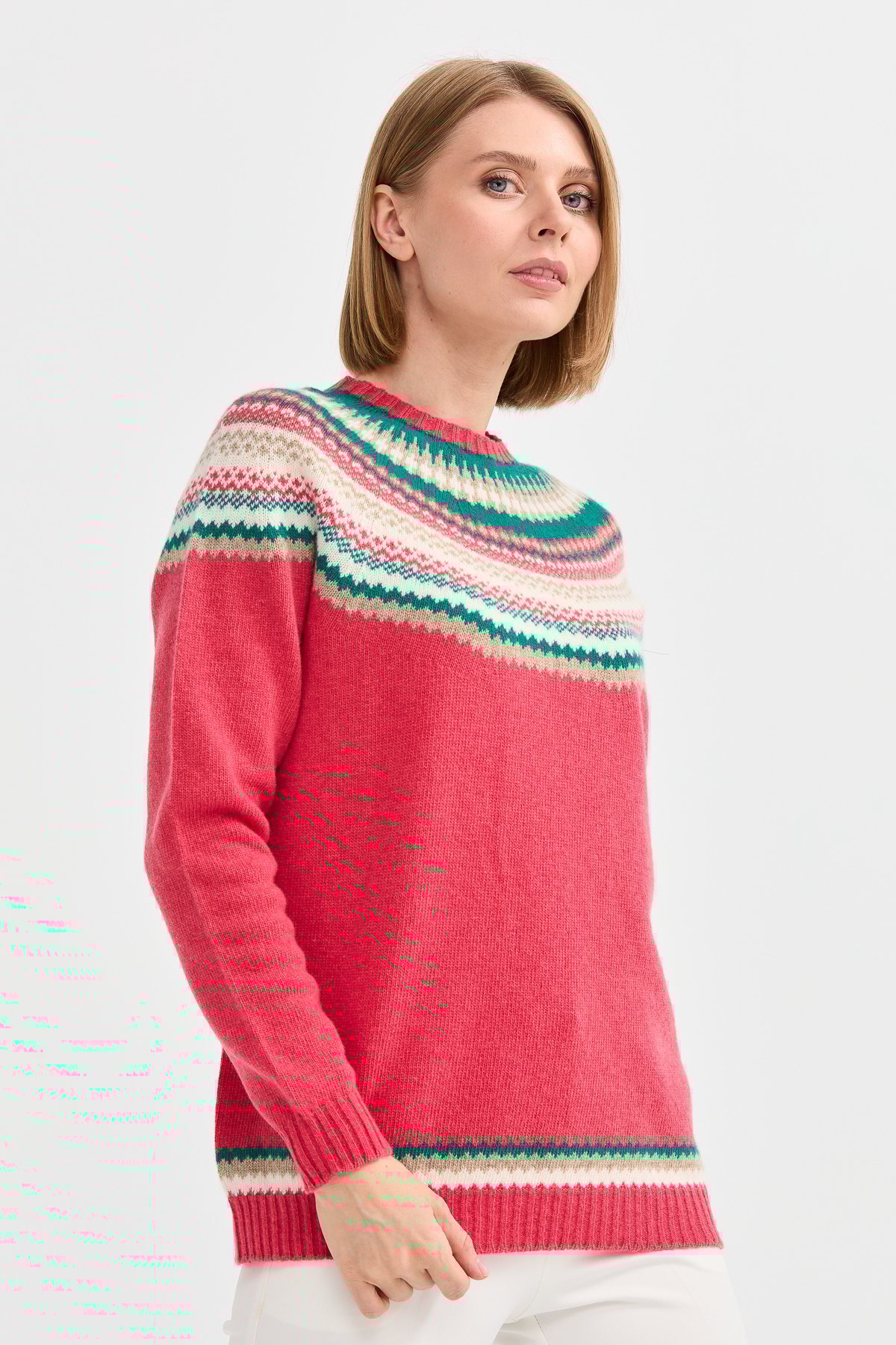 22086Kadın Sıfır Yaka Jakarlı Yün Kazak Y.Ş.Pembe