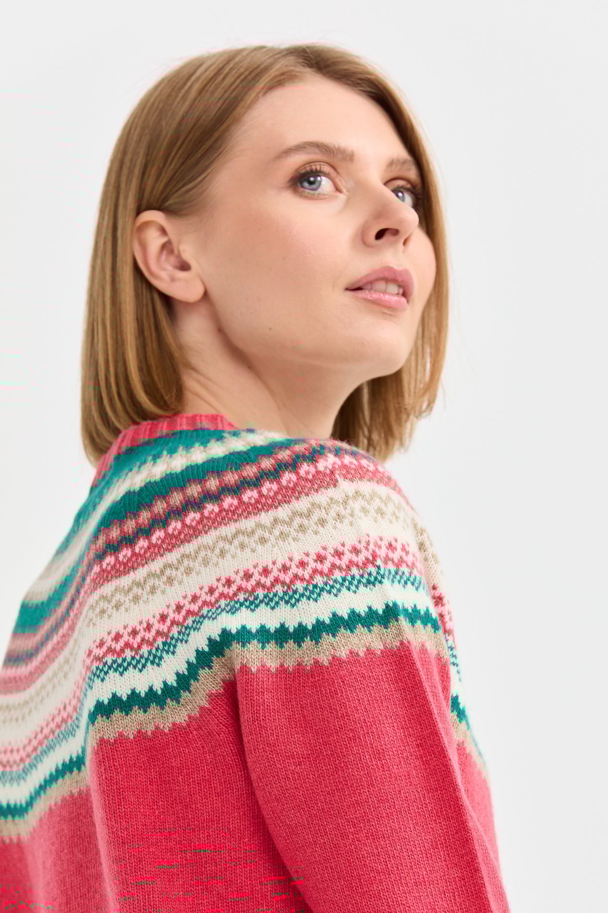 22086Kadın Sıfır Yaka Jakarlı Yün Kazak Y.Ş.Pembe