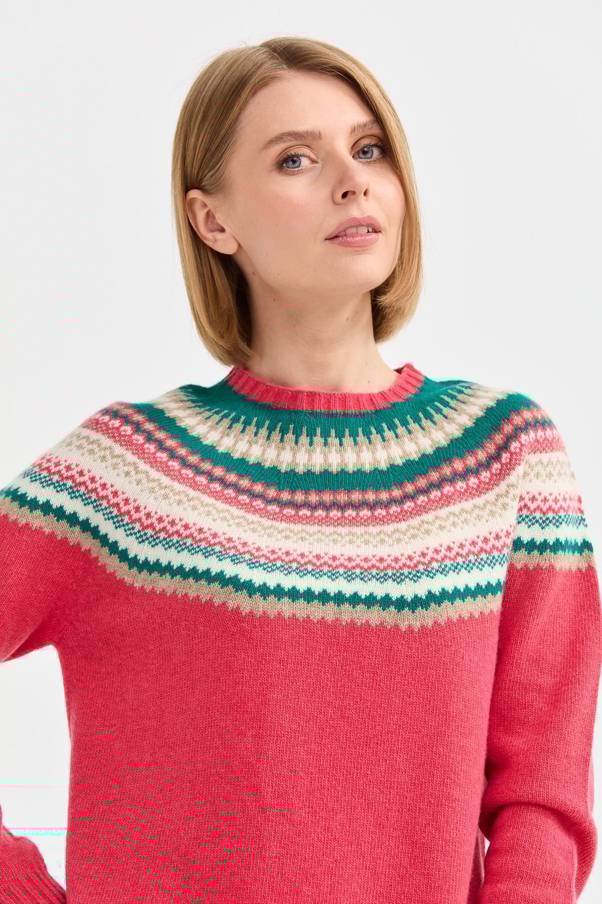 22086Kadın Sıfır Yaka Jakarlı Yün Kazak Y.Ş.Pembe