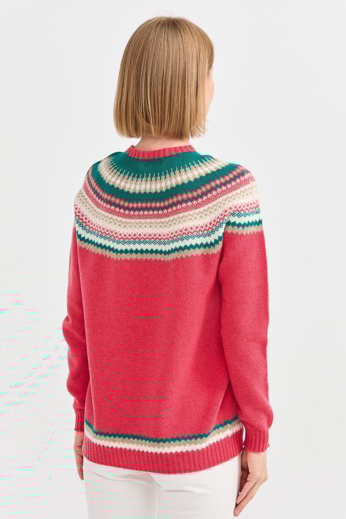 22086Kadın Sıfır Yaka Jakarlı Yün Kazak Y.Ş.Pembe