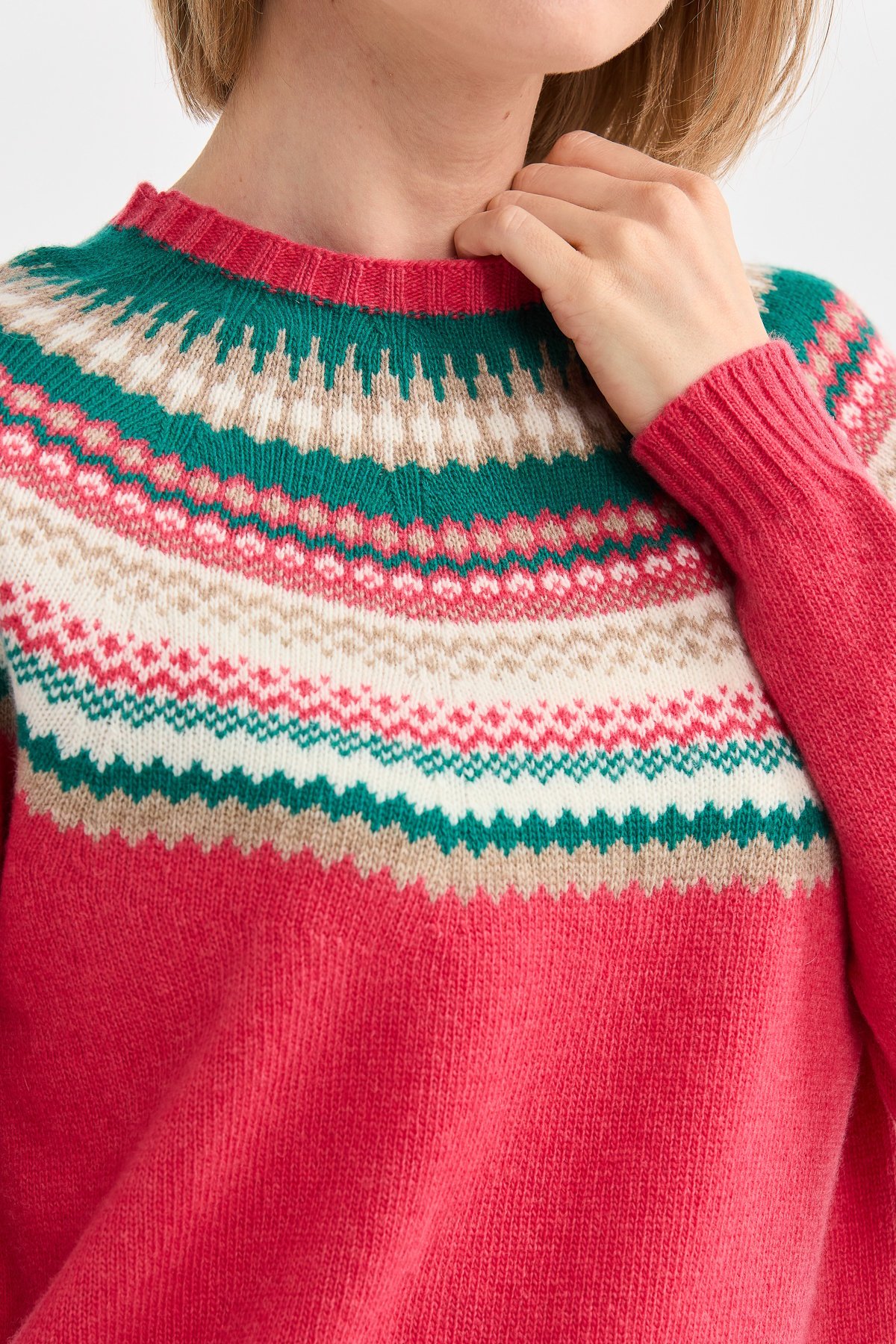 22086Kadın Sıfır Yaka Jakarlı Yün Kazak Y.Ş.Pembe