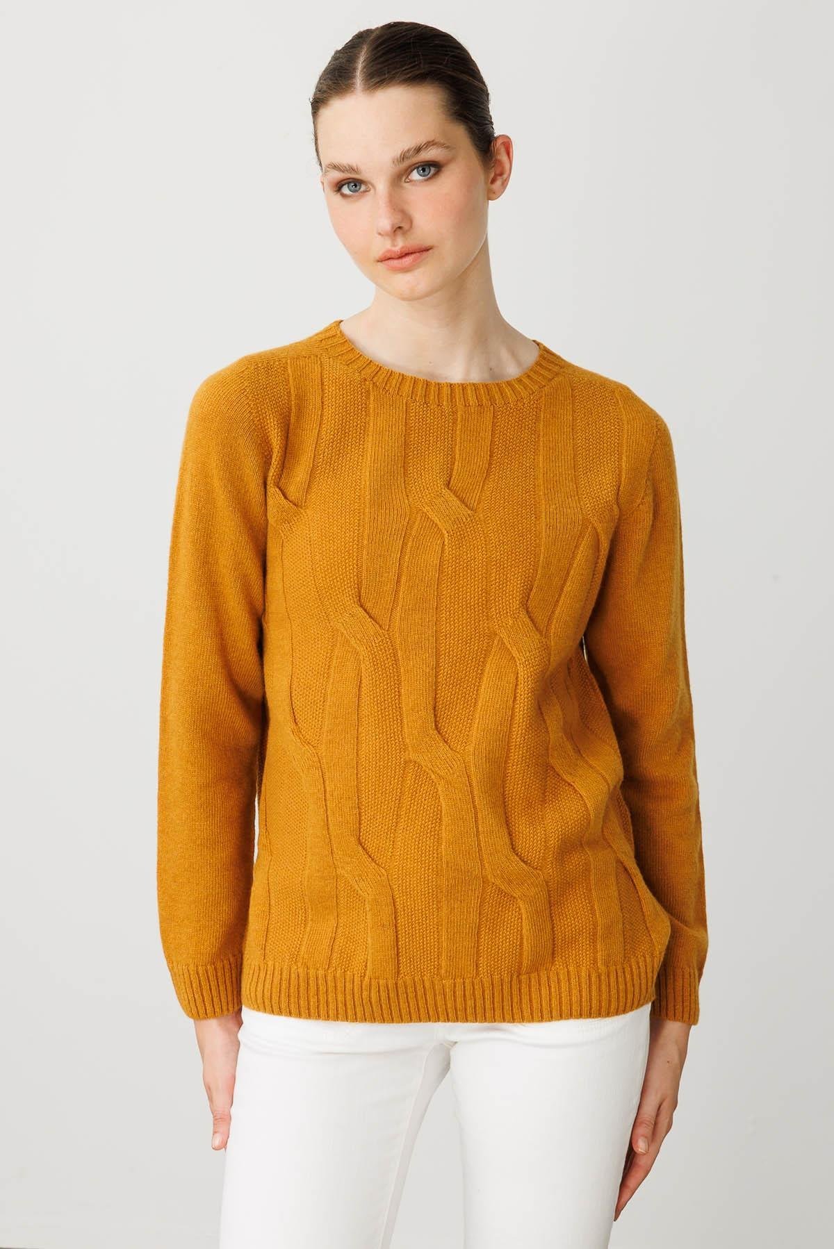 25216Kadın Sıfır Yaka Kalın Yürütmeli Yün Kazak Hardal