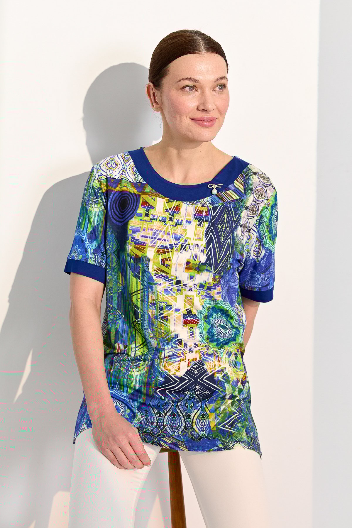 23713Kadın Sıfır Yaka Karışık Desenli Penye T-shirt Saks