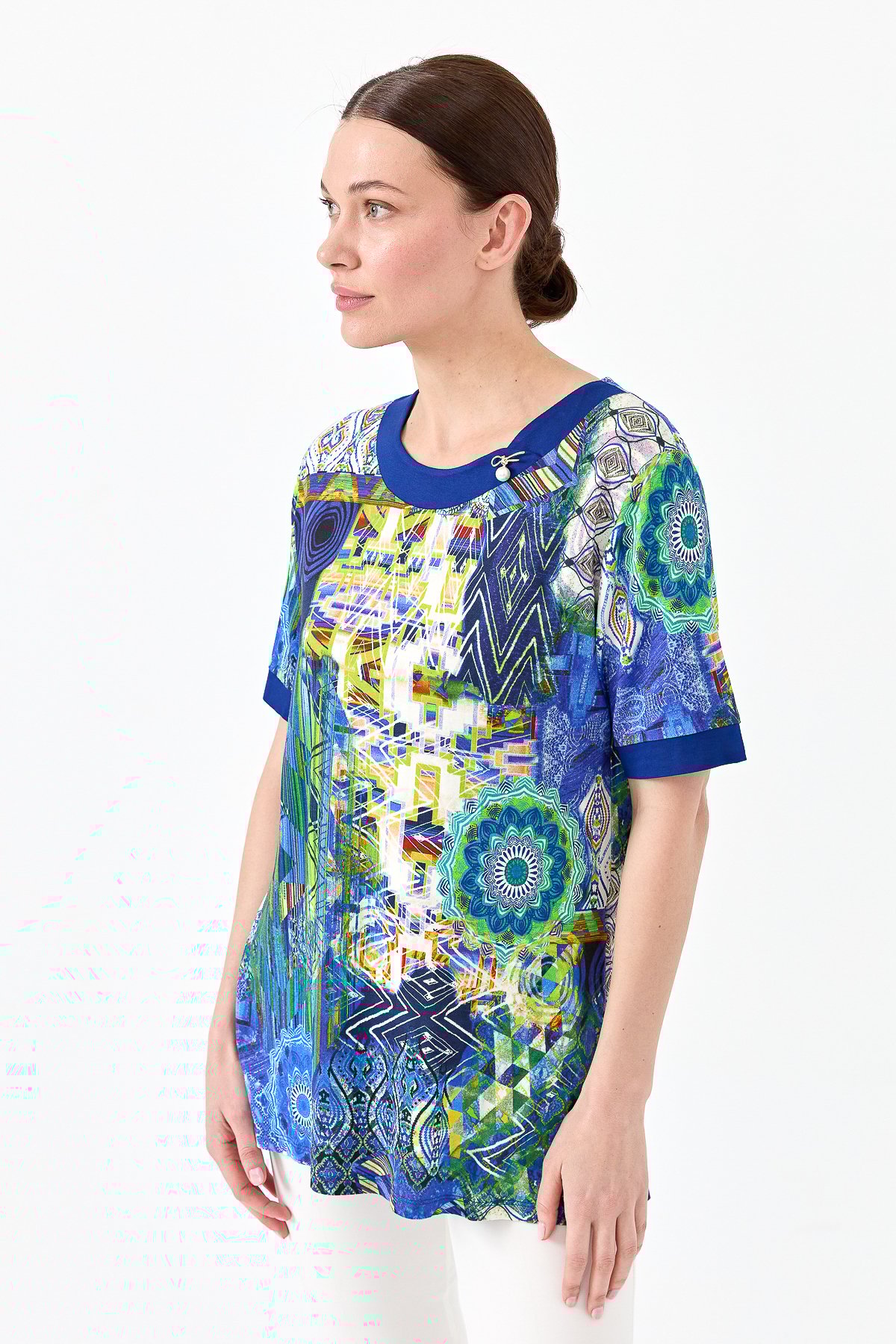 23713Kadın Sıfır Yaka Karışık Desenli Penye T-shirt Saks