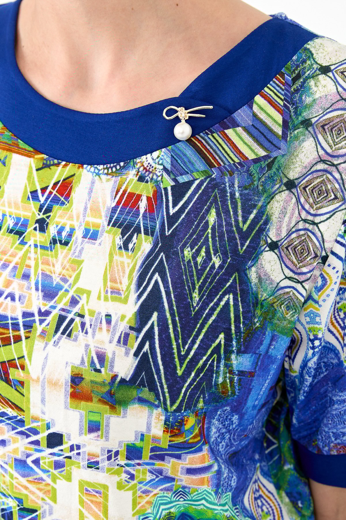 23713Kadın Sıfır Yaka Karışık Desenli Penye T-shirt Saks