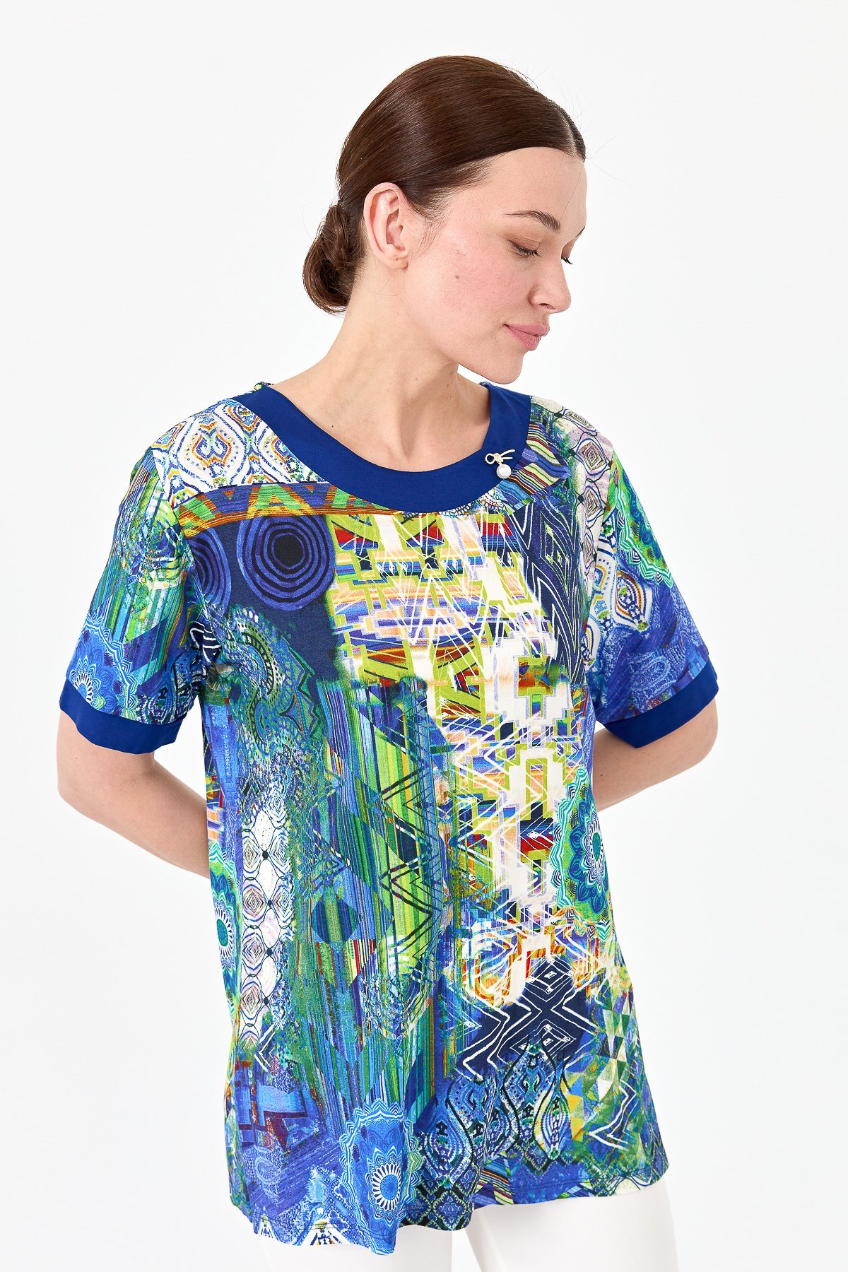 23713Kadın Sıfır Yaka Karışık Desenli Penye T-shirt Saks