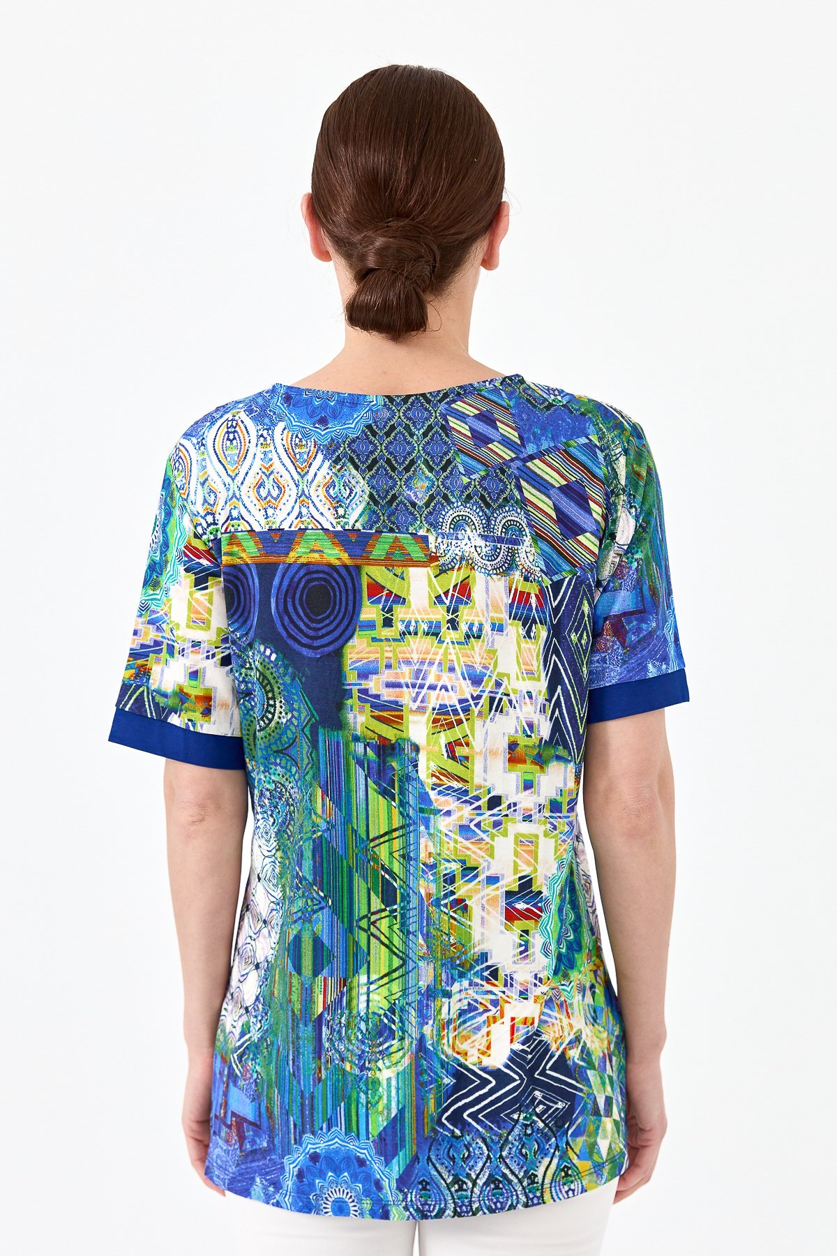 23713Kadın Sıfır Yaka Karışık Desenli Penye T-shirt Saks