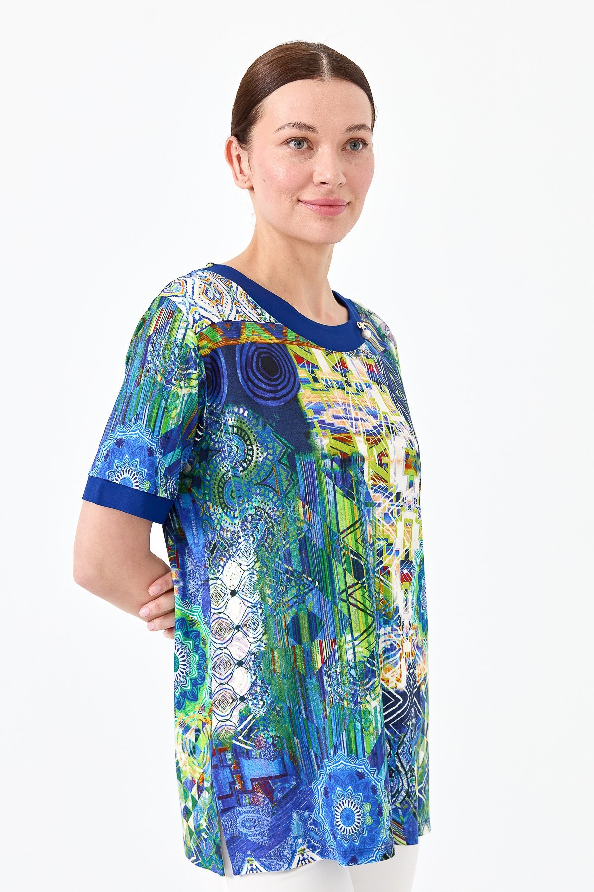 23713Kadın Sıfır Yaka Karışık Desenli Penye T-shirt Saks