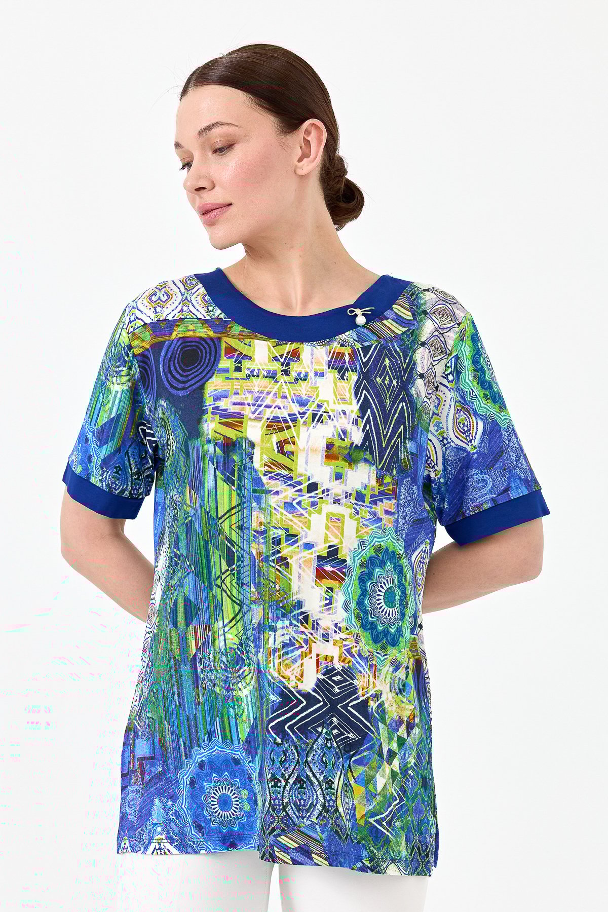 23713Kadın Sıfır Yaka Karışık Desenli Penye T-shirt Saks