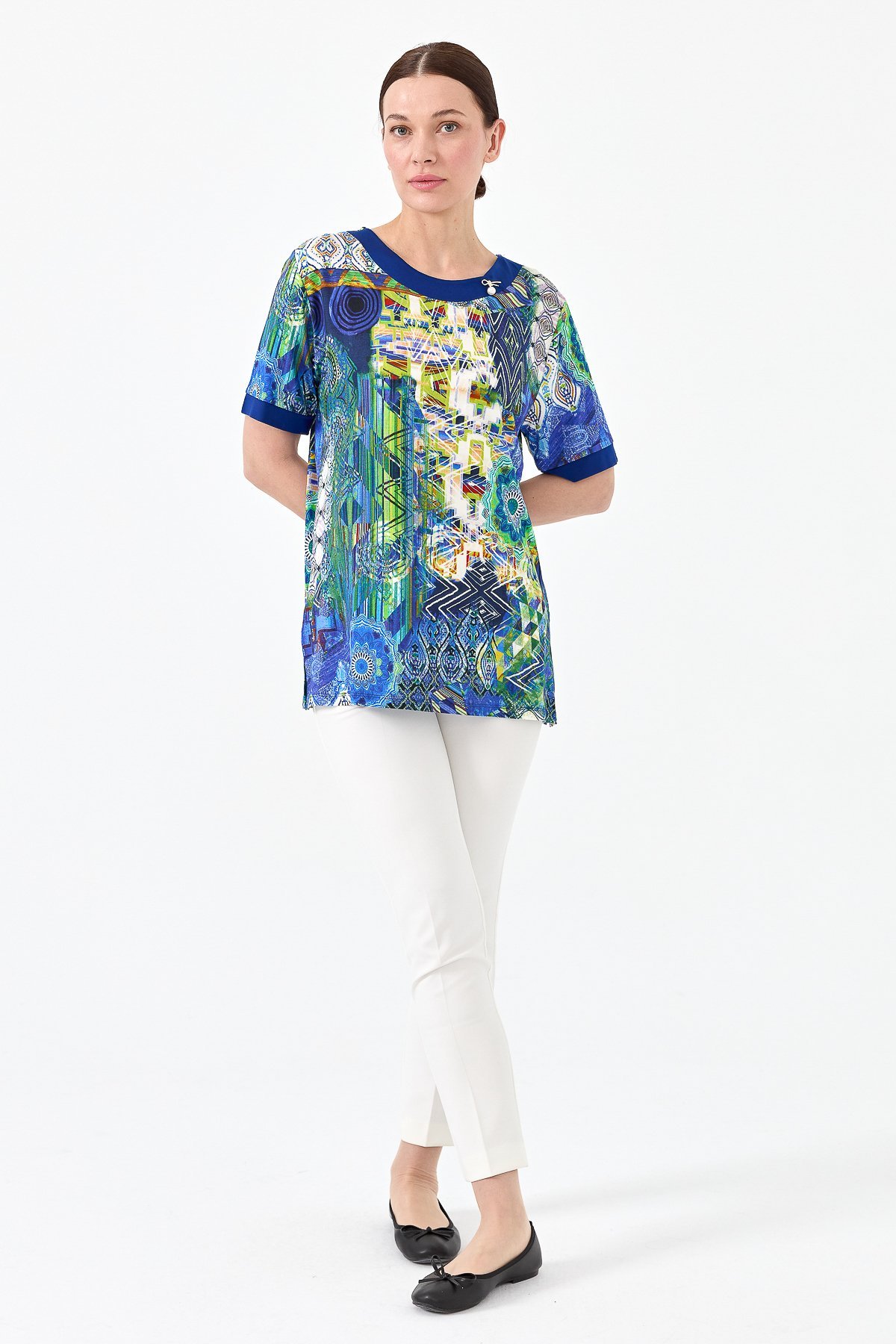 23713Kadın Sıfır Yaka Karışık Desenli Penye T-shirt Saks