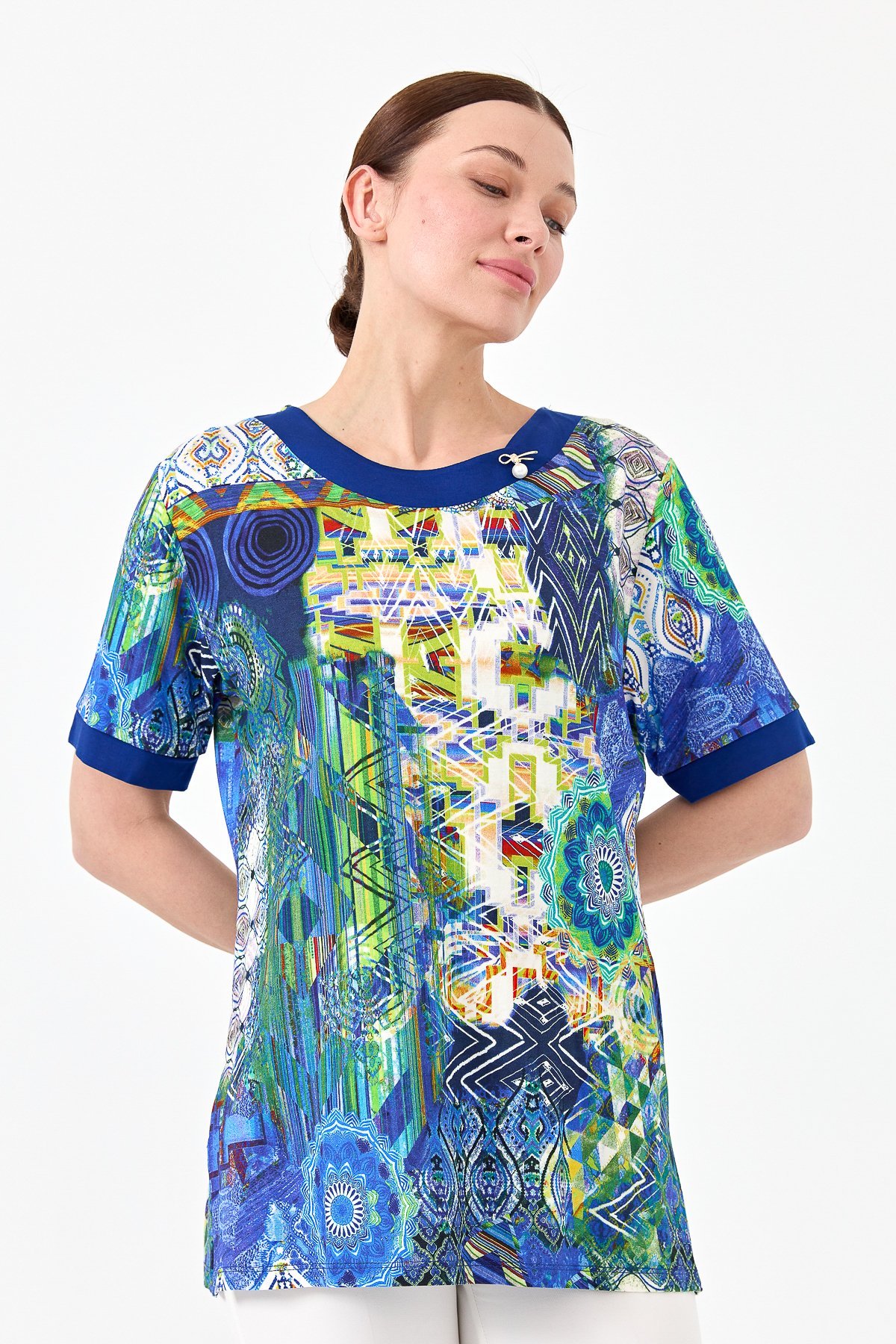 23713Kadın Sıfır Yaka Karışık Desenli Penye T-shirt Saks