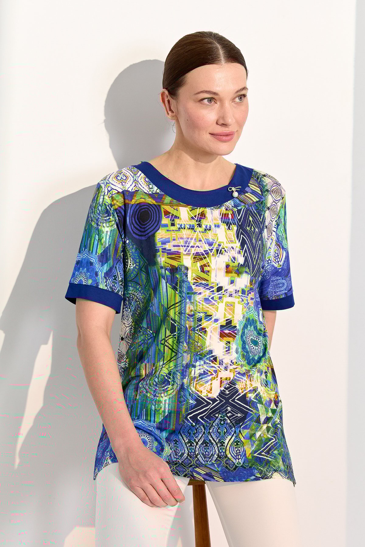 23713Kadın Sıfır Yaka Karışık Desenli Penye T-shirt Saks