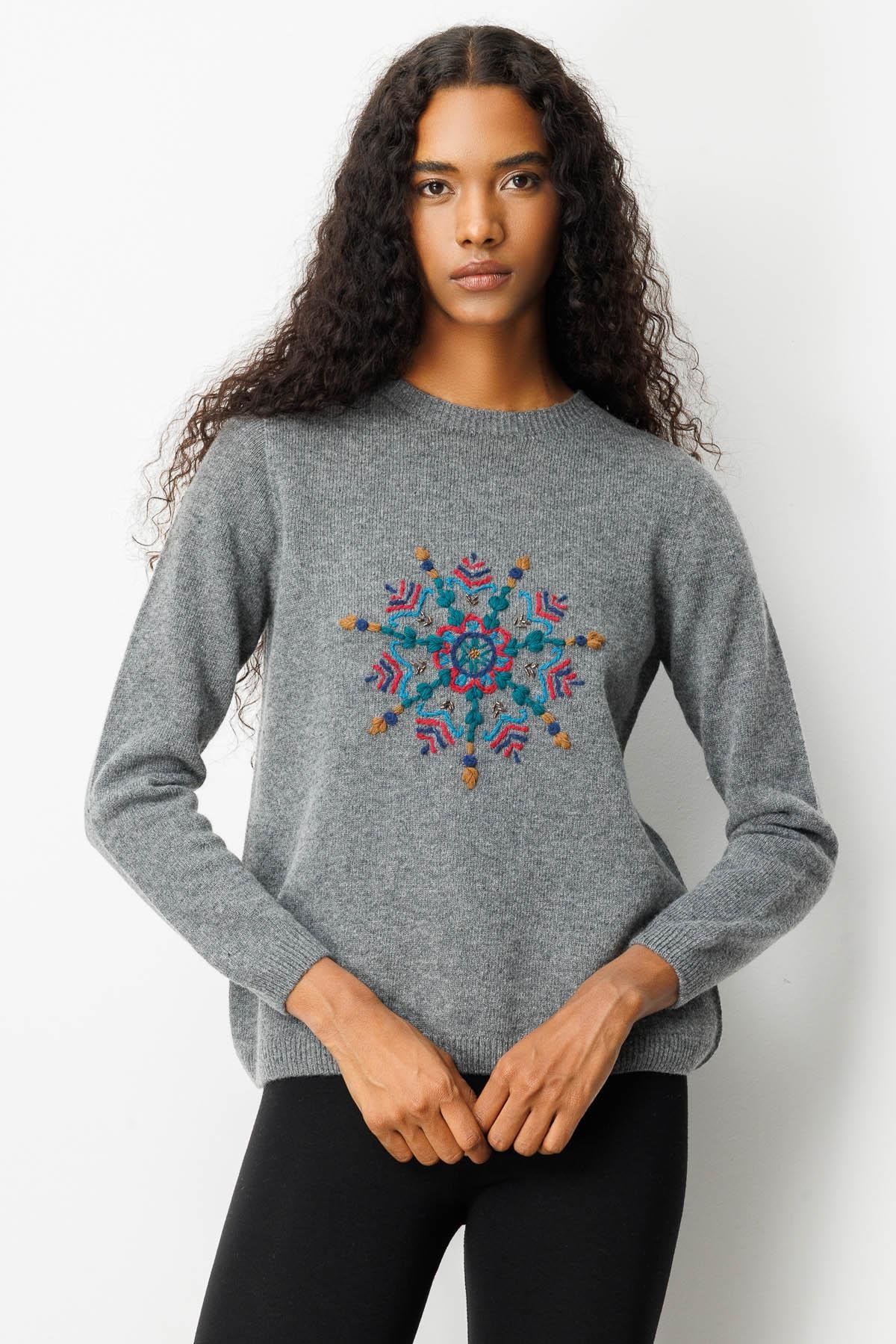 25212Kadın Sıfır Yaka Kartanesi İşlemeli Yün Kazak Füme